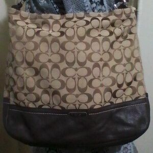 Coach CC SignatureTan Canvas Brown Faux Leather Embossed Bag EUC